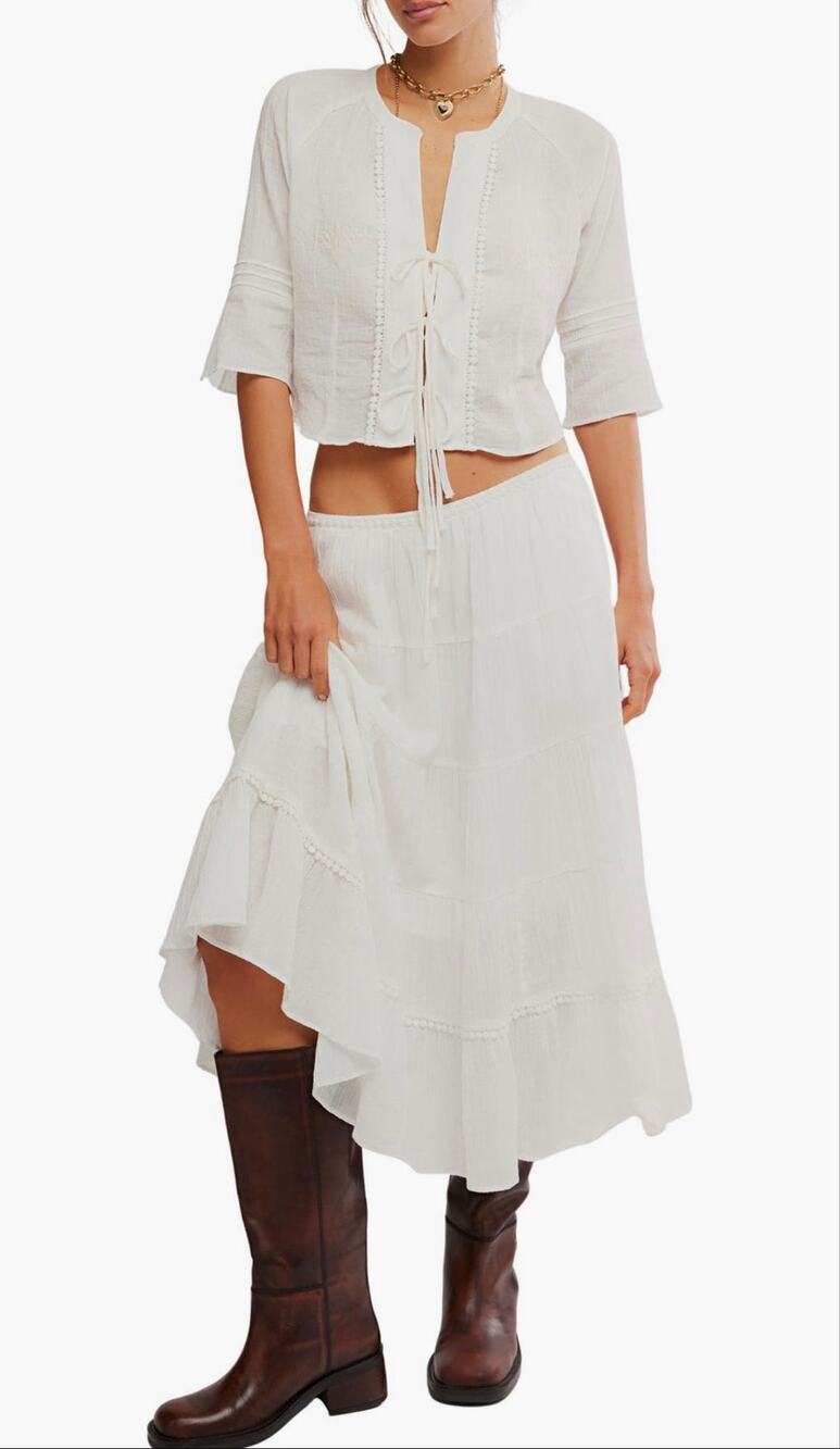 Free People Bright Side Tie Front Crop Top & Midi Skirt Set XL (read narrative)